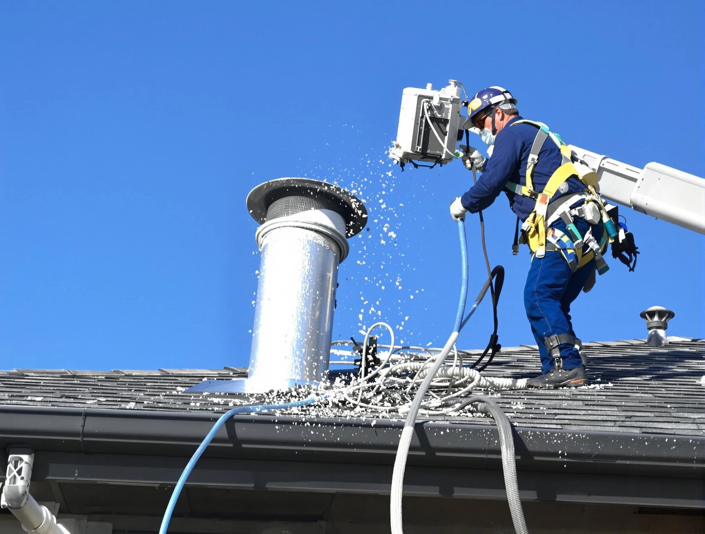 Arvada Dryer Vent Cleaning certified technician safely cleaning a roof-mounted dryer vent in Arvada