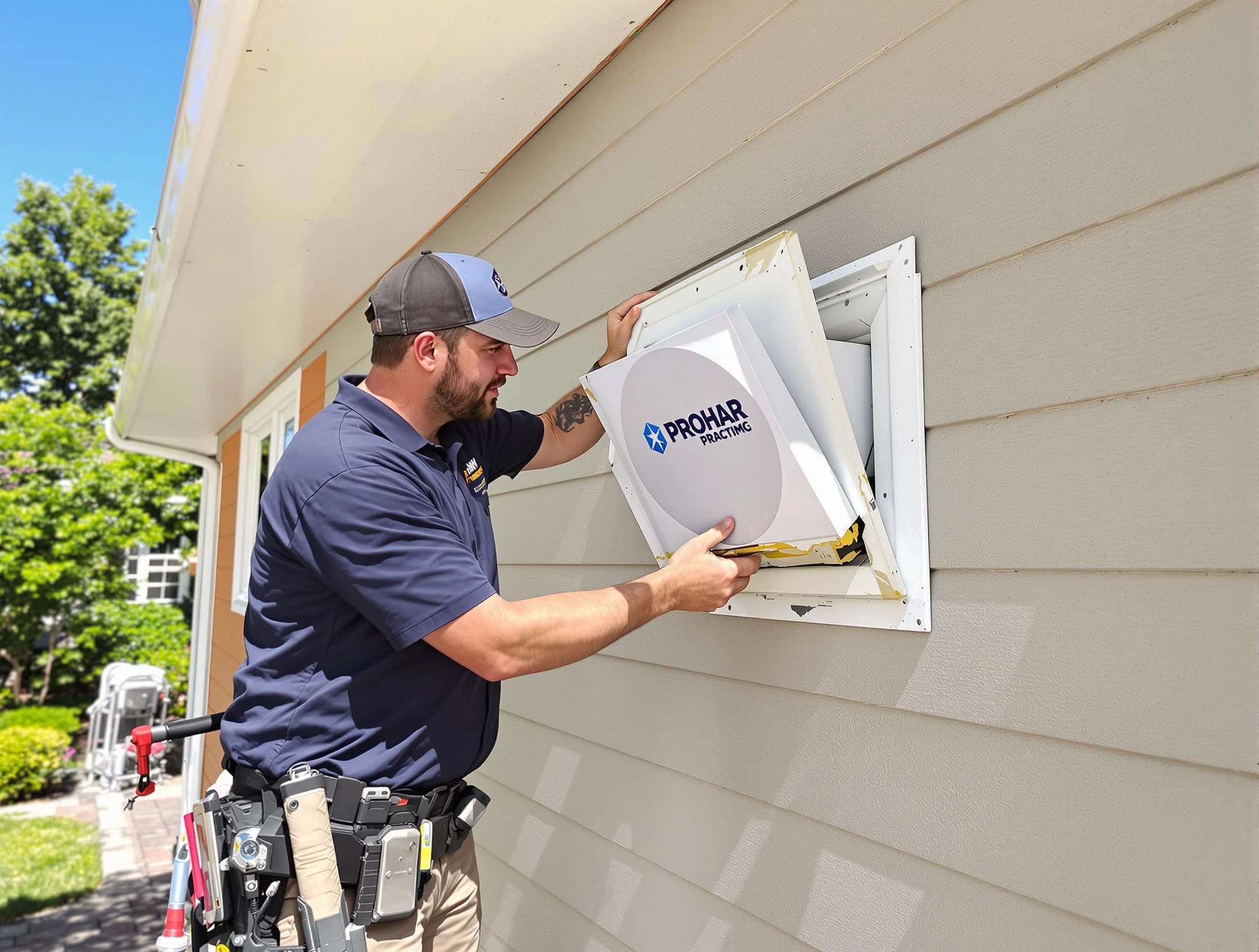 Arvada Dryer Vent Cleaning technician installing a new protective dryer vent cover on a home in Arvada