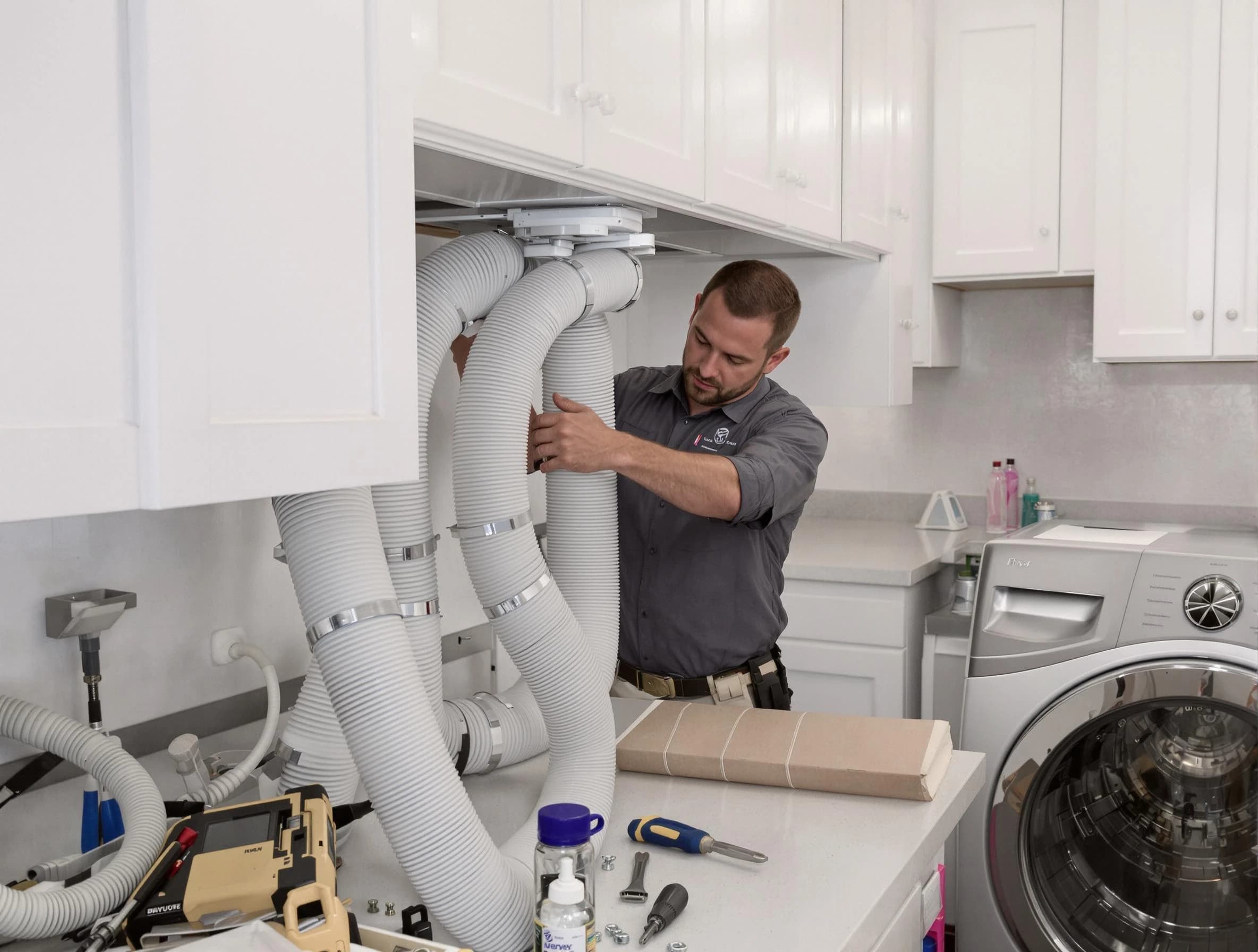 Arvada Dryer Vent Cleaning technician installing a new professional-grade dryer vent hose in Arvada