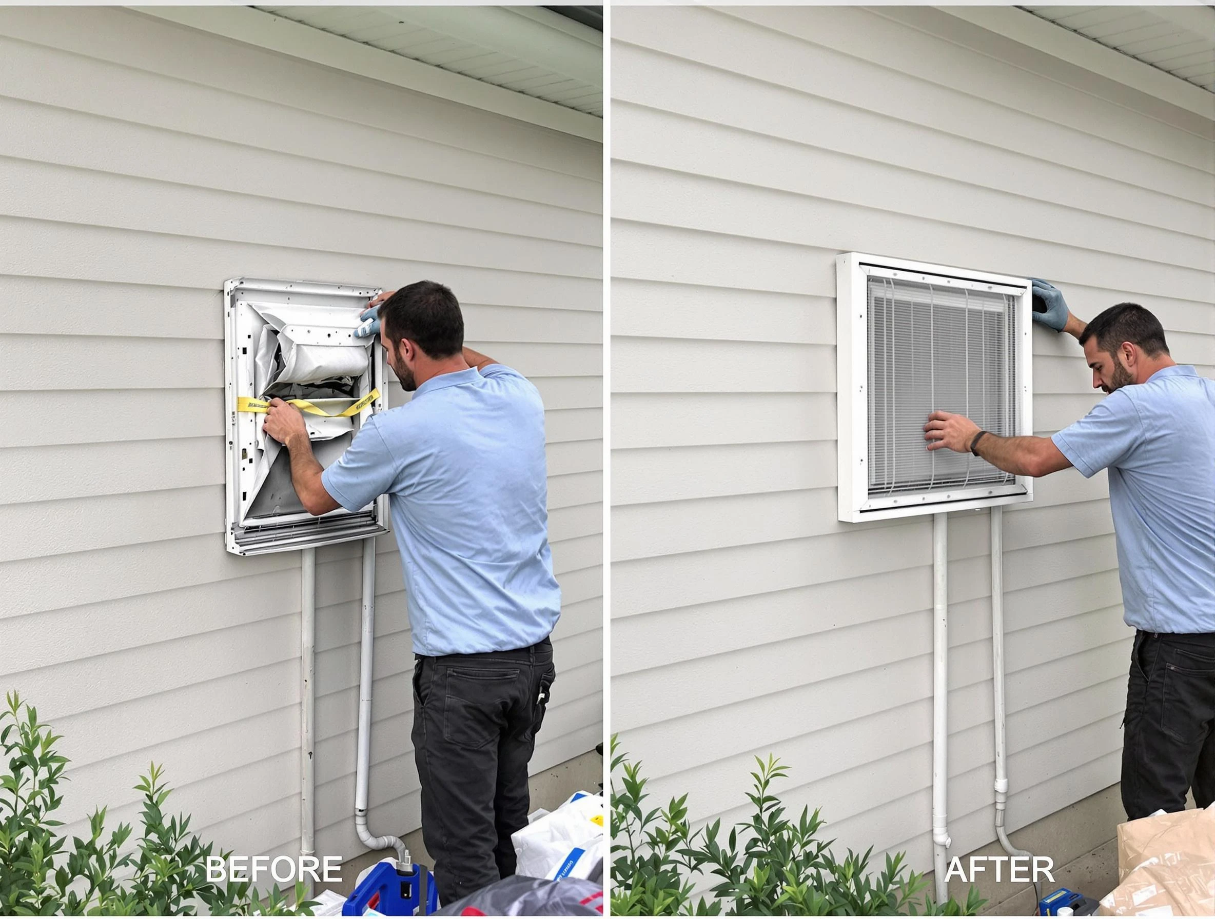Arvada Dryer Vent Cleaning technician installing high-quality dryer vent cover at a residential property in Arvada